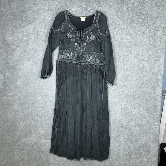 Sweet Magnolia Embellished Boho Prairie Beaded Green Black Maxi Dress L - Picture 1 of 16